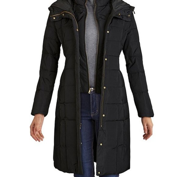 $300 COLE HAAN Puffer Zip Bib Insert Hooded Down parka coat Jacket black L - Picture 5 of 13